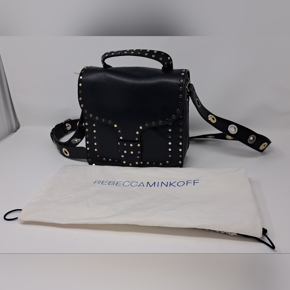 Rebecca Minkoff Midnighter Black Leather Crossbody Messenger Bag Metal Studs - Picture 9 of 15